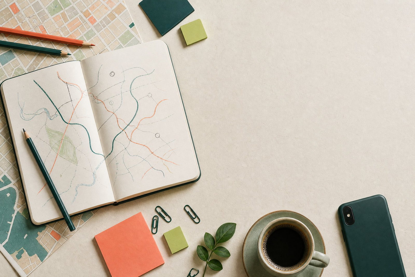 Caderno de campo, mapa e materiais de planejamento sobre uma mesa
